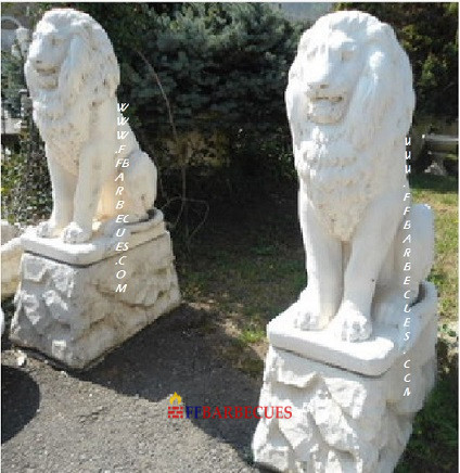 STATUE DE JARDIN EN PIERRE RECONSTITUÉE LIONS ASSIS SUR SOCLE-F